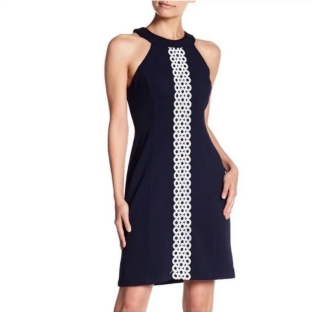 NWT Eliza J Navy Halter Circle Eyelet Textured Sheath Dress Size 10